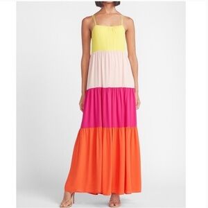 Express Colorblock Tiered Maxi Dress in Yellow, Cream, Pink, Orange
